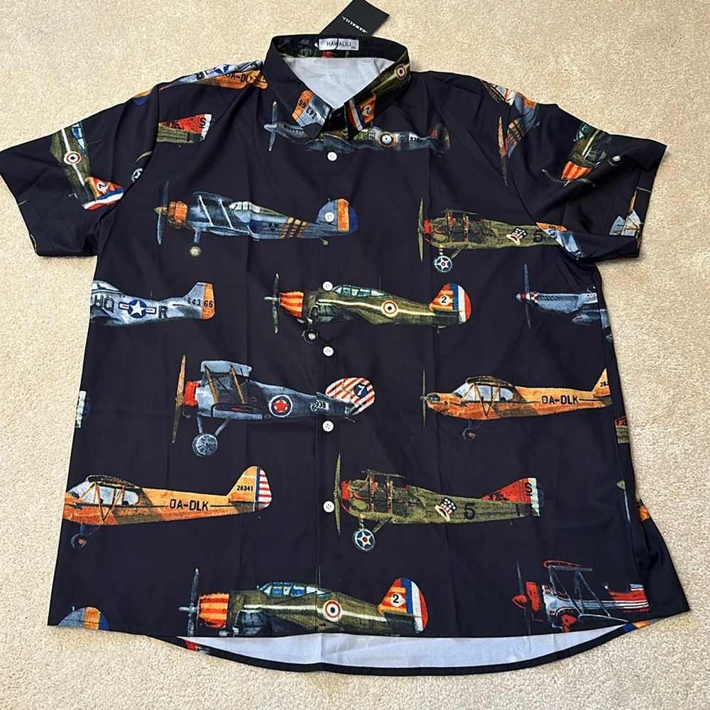 Hawalili polyester short sleeve shirt with vintage military air planes s…